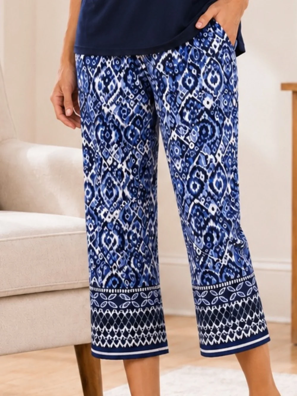 Cuddl Duds 3-Piece Capri Pajama Set Blue Geometric Headband Sleepwear NWT S